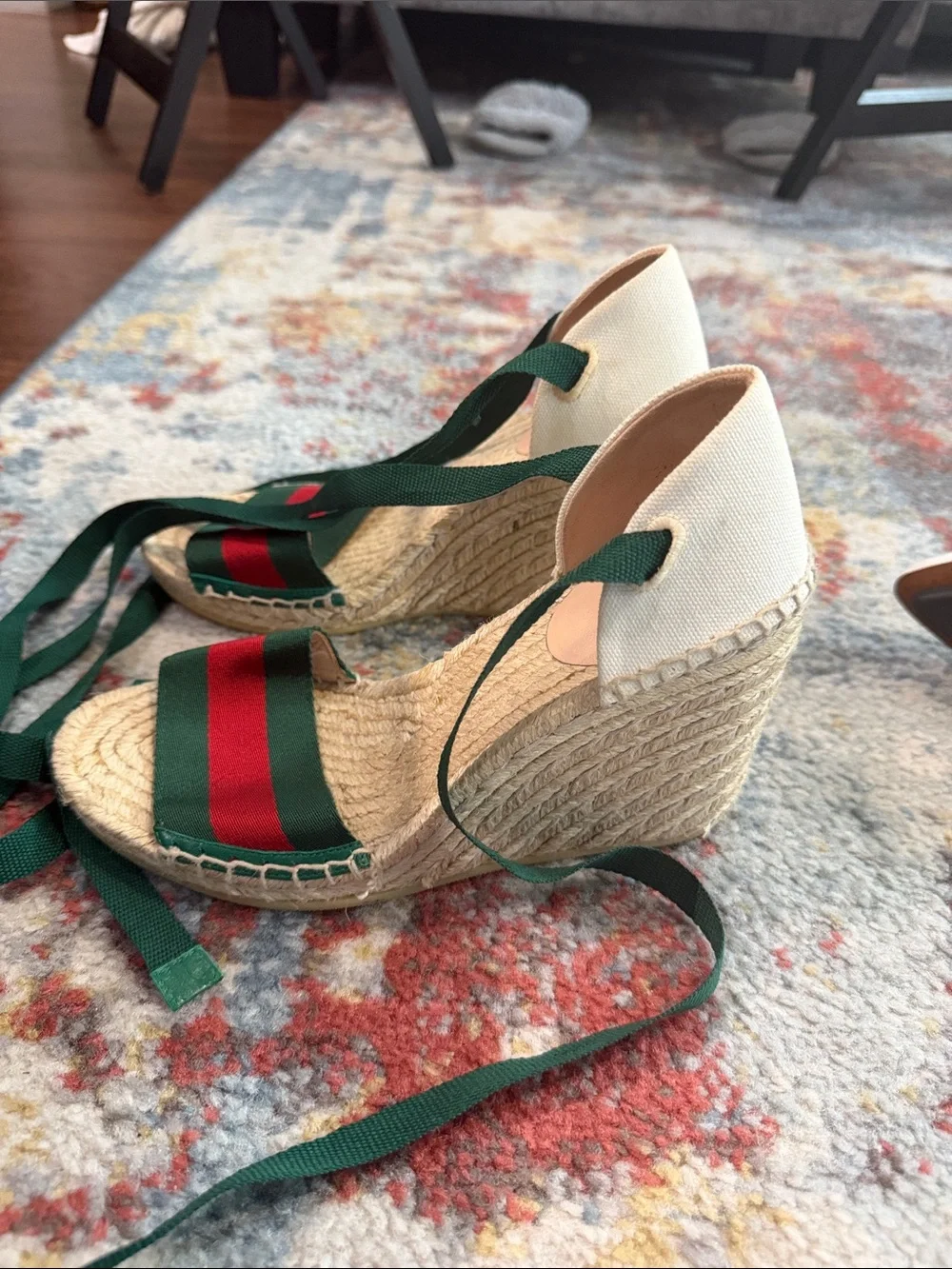 Gucci Green and Red Striped Wedge Espadrilles